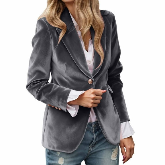 sususu Womens Blazer Jacket,Navy Blazer for Women,Elegant Modern Tailored Fit Long Sleeve Notch Lapel Solid Color for Business formal Attire And Wear - Grey