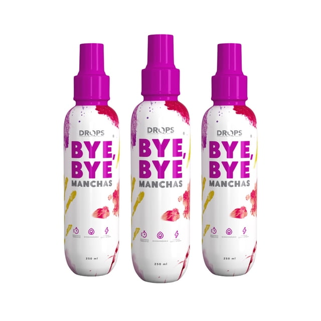 Drops Bye Bye Manchas -Kit 3 - 250 ml Anti manchas. Quita manchas ropa. Lava alfombras y tapicería. Limpiador de sillones de tela. Quitamanchas axilas ropa desodorante y sudor. Biodegradable