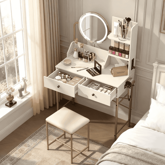 Manxile Vanity Set with 3 Color Lights, Makeup Vanity with Charging Station, Comfortable Bench for Bedroom,Gold & White