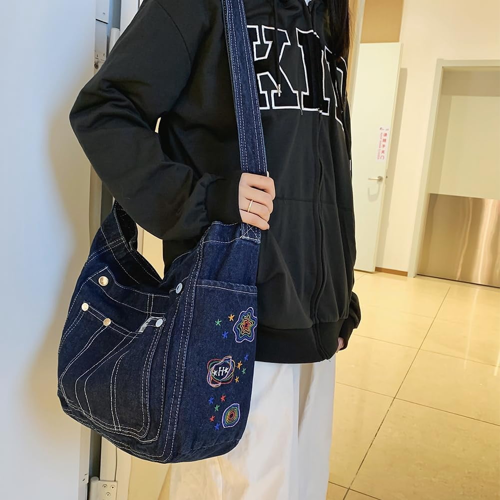 Denim Hobo Crossbody Bag for Women Large Shoulder Handbag Messenger Bag Retro Tote Bag for Casual Work Travel