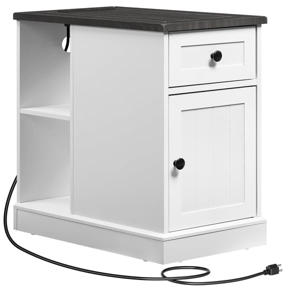 HOOBRO Farmhouse End Table with Charging Station, Drawer & Cabinet, White and Charcoal Gray