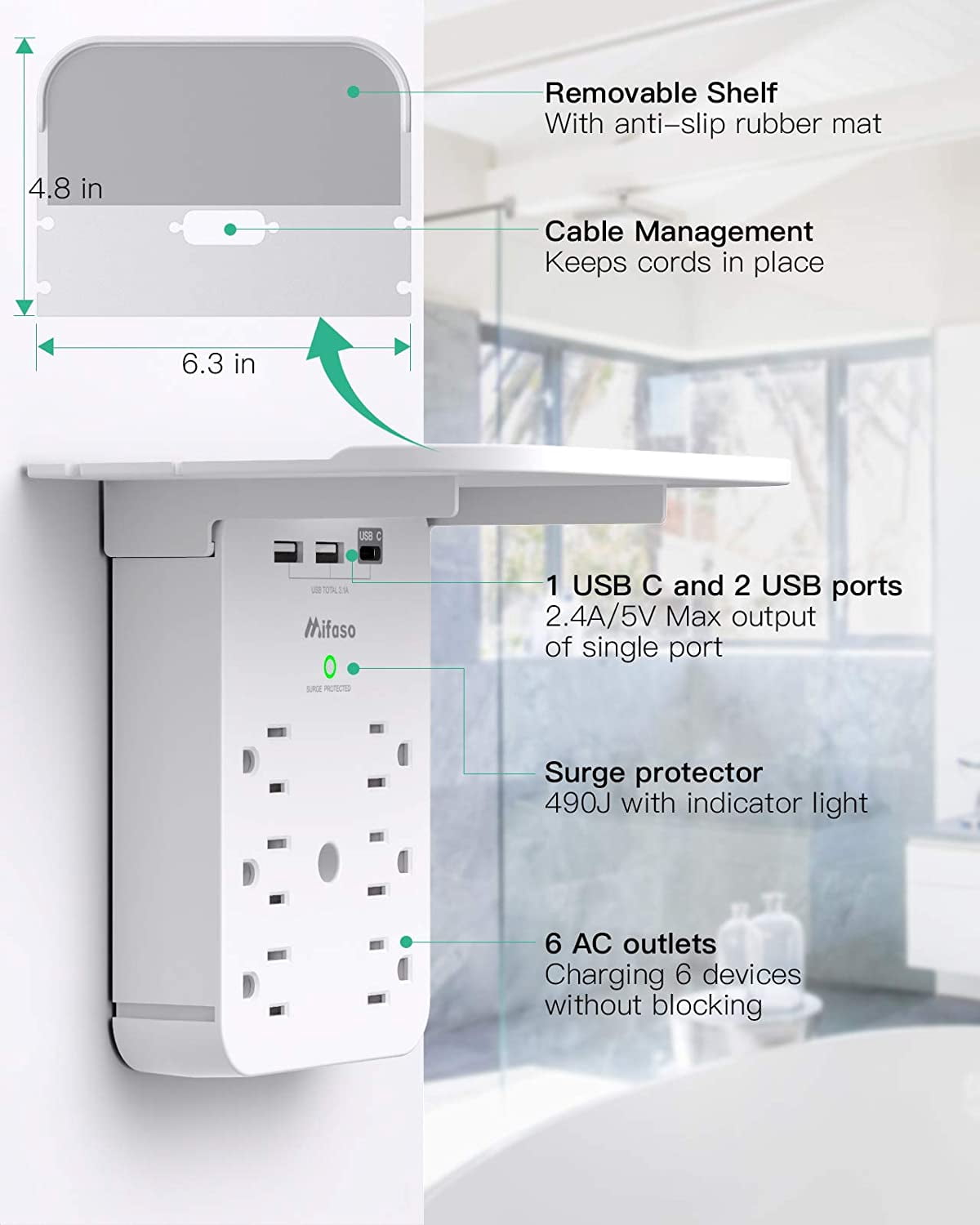 Wall Outlet Extender with Surge Protector 6 AC Outlets Shelf 2 USB & C Charging Ports - Home Dorm Plug Expander