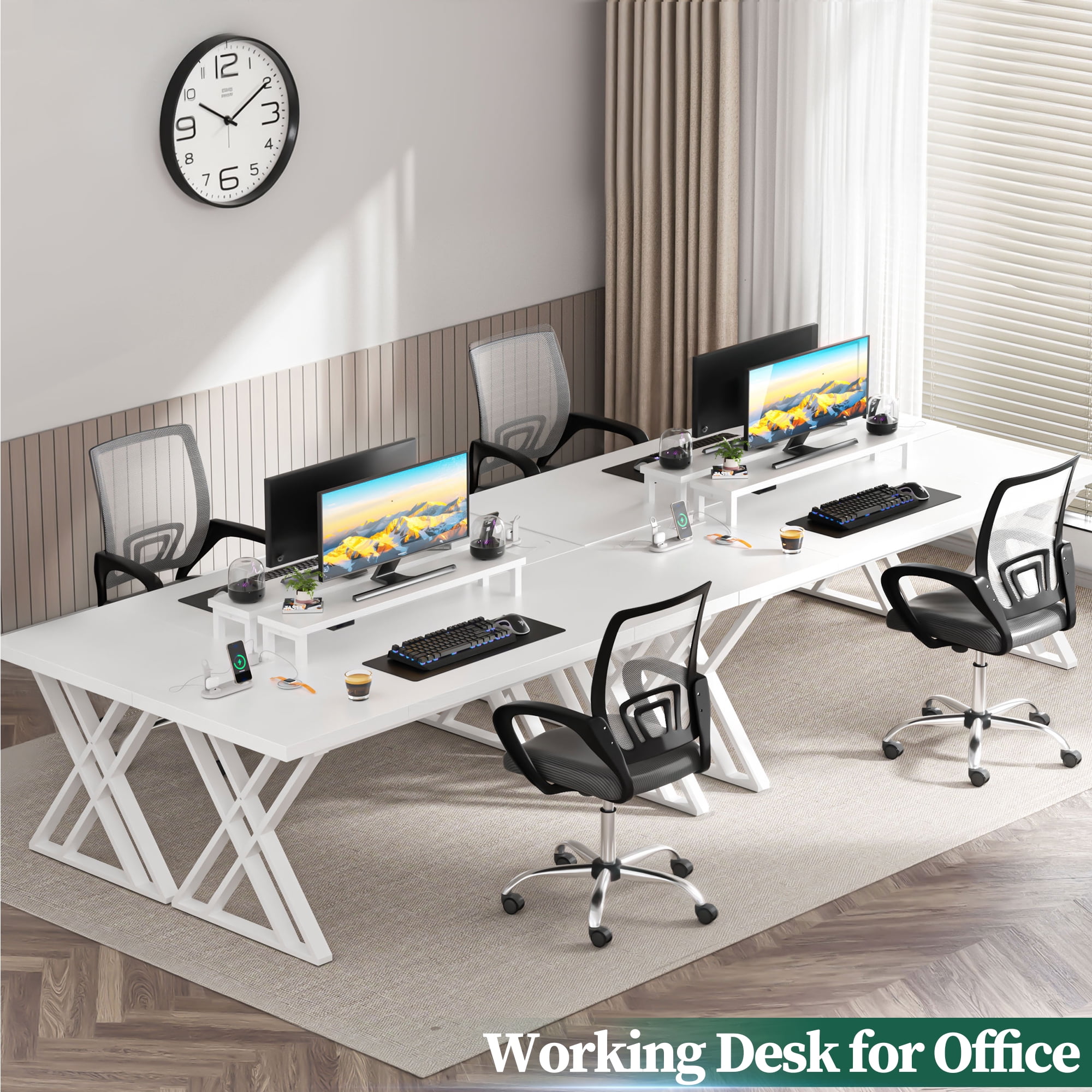 Executive Office Desk, Holaki 70.8" Large Farmhouse Wooden Office Desk with Desktop Stand and Charging Station, Study Writing Table Computer Desk Workstation for Home, White