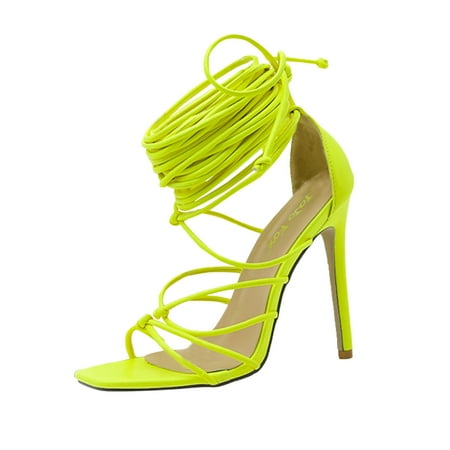 

Ykohkofe Womens Sexy Squared Toe Sandals Ladies Lace Up High Heels Cross-Strap Shoes Green 8