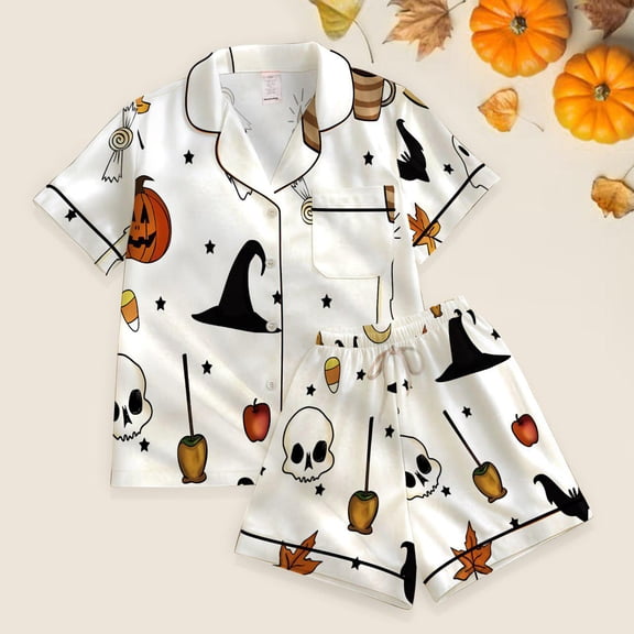 Women’s Spirit Halloween Pumpkin Wizzard Hat Short Sleeve Satin Pajama Set, Sleeve Satin Pajama Set, PJ short Long Gift For Women