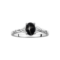 RYLOS Rings for Women Sterling Silver Classic Style Birthstone Ring 7X5MM Oval Gemstone & Diamonds March Black Star Sapphire Jewelry for Women Size 9