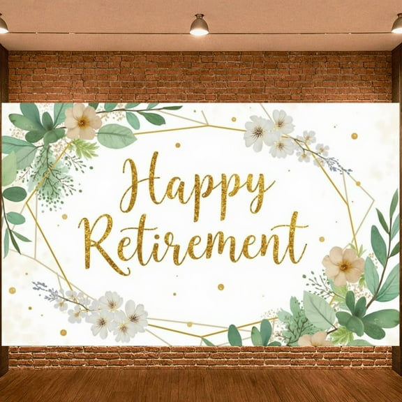 Gold Glitter Happy Retirement Banner Floral Design Retirement Party Display Green Leaves White Flowers Botanical Backdrop for Retirement Party Photo Backdrop Celebration Event