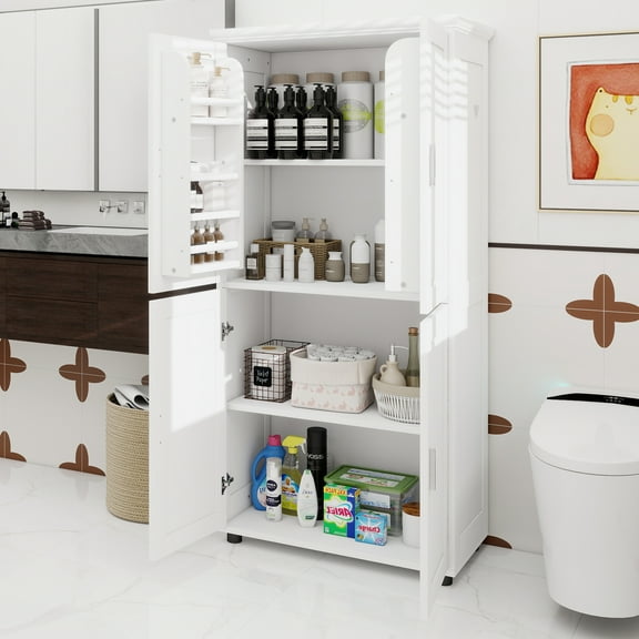 Tall and Wide Bathroom Floor Storage Cabinet, Bathroom Storage Unit, Freestanding Cabinet with 4 Doors, Adjustable Shelves, White