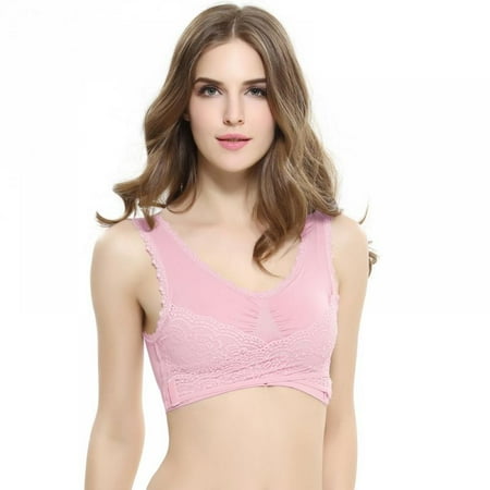 

Wuffmeow Women Seamless Lace Sport Bra Padded Yoga Running Bras Cross Front Side Buckle Pink M