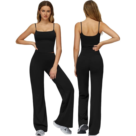 PISONIC Womens Workout Sets Two Piece Spaghetti Straps Crop Top Matching Straight Leg Pants Gym Work Pilates Outfits