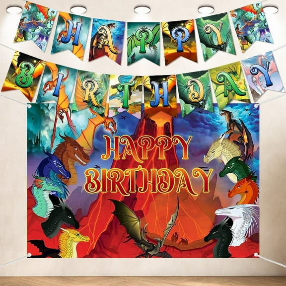 Dragon Theme: "Happy Birthday" Party Decor Set - Backdrop & String Banner