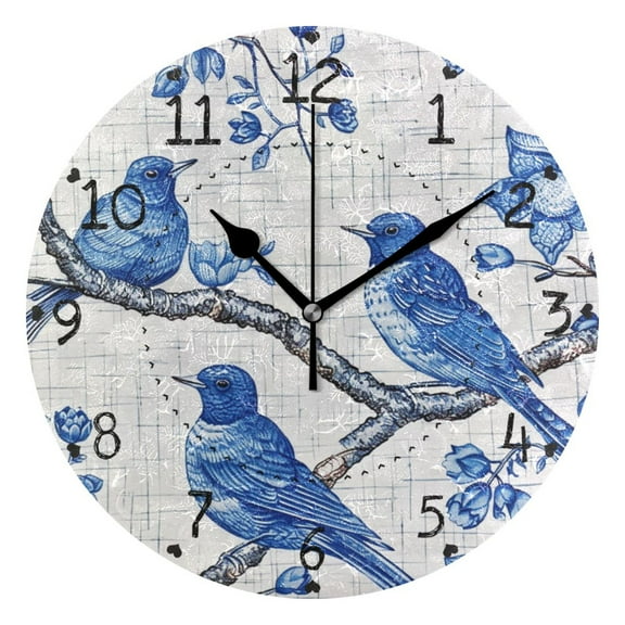 Blue Birds Floral Porcelain Round Wall Clock Silent Analog Battery Operated Black Pointer Home Decor 9.84" Diameter