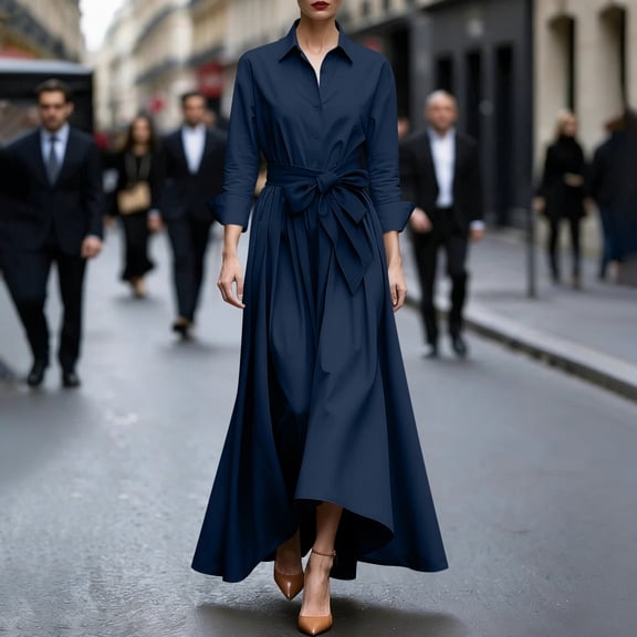 Gamivast Women Shirt Maxi Dress Button Down Long Sleeve Tie Waist High Low Hem Elegant Office Work Casual Formal Split Long Sun Dress Party Gown