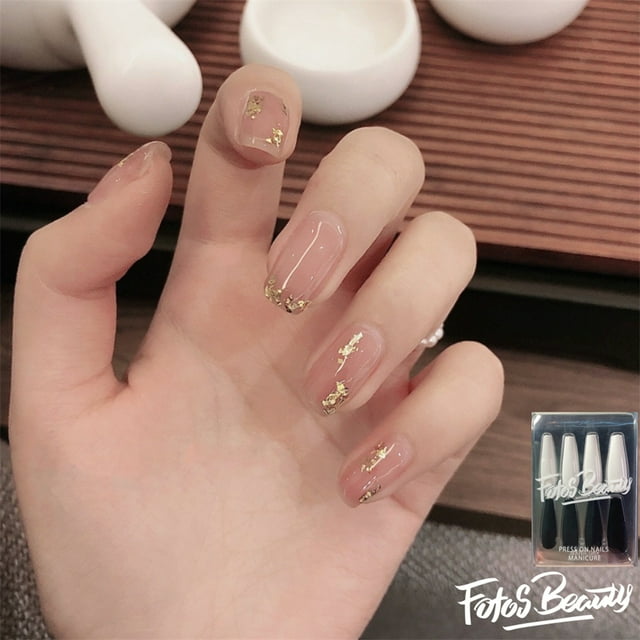 Fofosbeauty 24pcs Press on False Nails, Square Fake Nails, Nude Gold