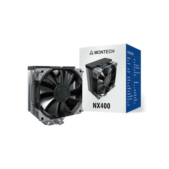 MONTECH NX400 - CPU Air Cooler, Single Tower, 4 Advanced Heat Pipes, 52-fin Heat Sink, E28, 120mm FDB Static Pressure Fan, 28mm Fan Thickness, Corner-cover Footpads, Polished Top Cover - Black