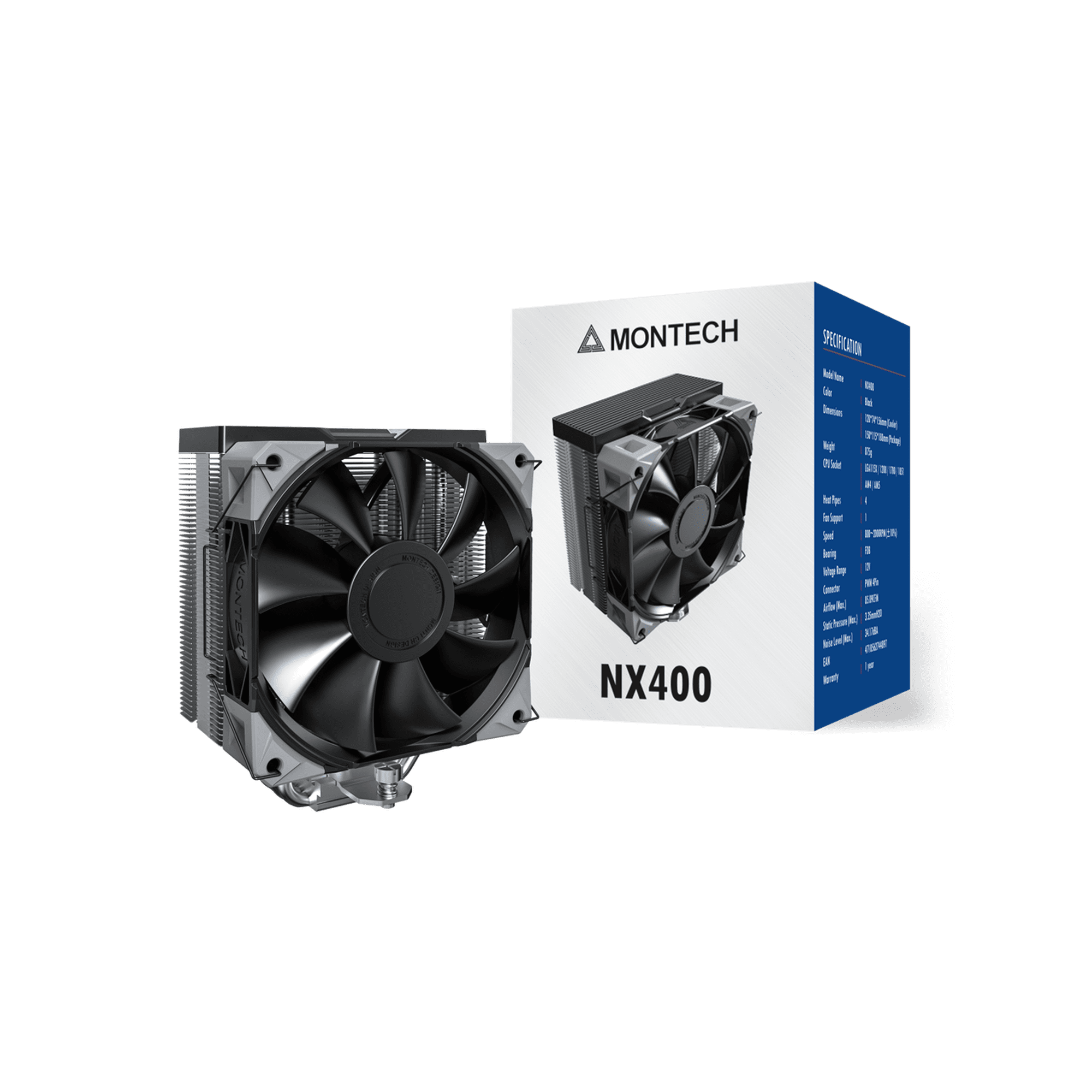 MONTECH NX400 - CPU Air Cooler, Single Tower, 4 Advanced Heat Pipes, 52-fin Heat Sink, E28, 120mm FDB Static Pressure Fan, 28mm Fan Thickness, Corner-cover Footpads, Polished Top Cover - Black