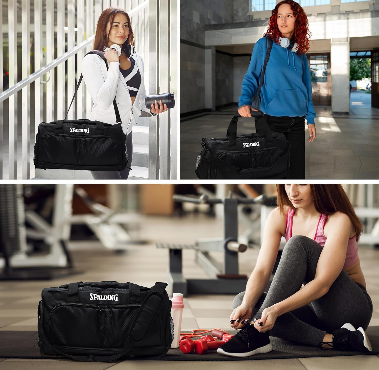 Spalding 55L Gym Duffle Bag with Shoe & Wet Compartment – Waterproof Sports Travel Bag for Men & Women, Black, 24 x 12 x 14 in