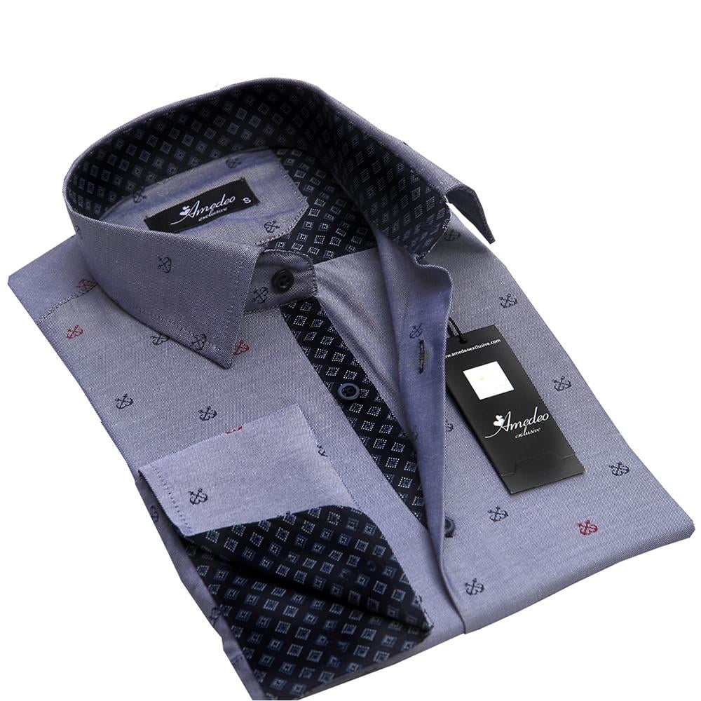 Amedeo Exclusive Grey With Checkers Mens Slim Fit French Cuff Dress
