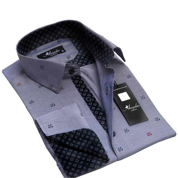 Amedeo Exclusive Gris à Carreaux Chemises Habillées Ajustées pour Hommes avec Poignets Français et Trous pour Boutons de Manchette - Décontracté et Formel, TG