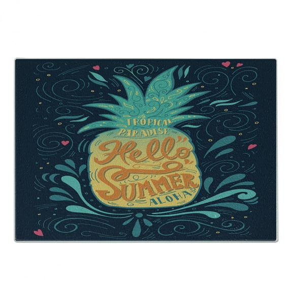 Tropical Cutting Board, Hello Summer Words Pineapple with Hearts Swirls and Teardrop Shapes Background, Decorative Tempered Glass Cutting and Serving Board, Small Size, Multicolor, by Ambesonne