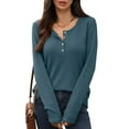 thumbnail image 2 of SMihono Women Waffle Knit Top Relaxed Fit Long Sleeves Henley Neck Button Front Soft Comfortable Casual Pullover Blue XXL, 2 of 5
