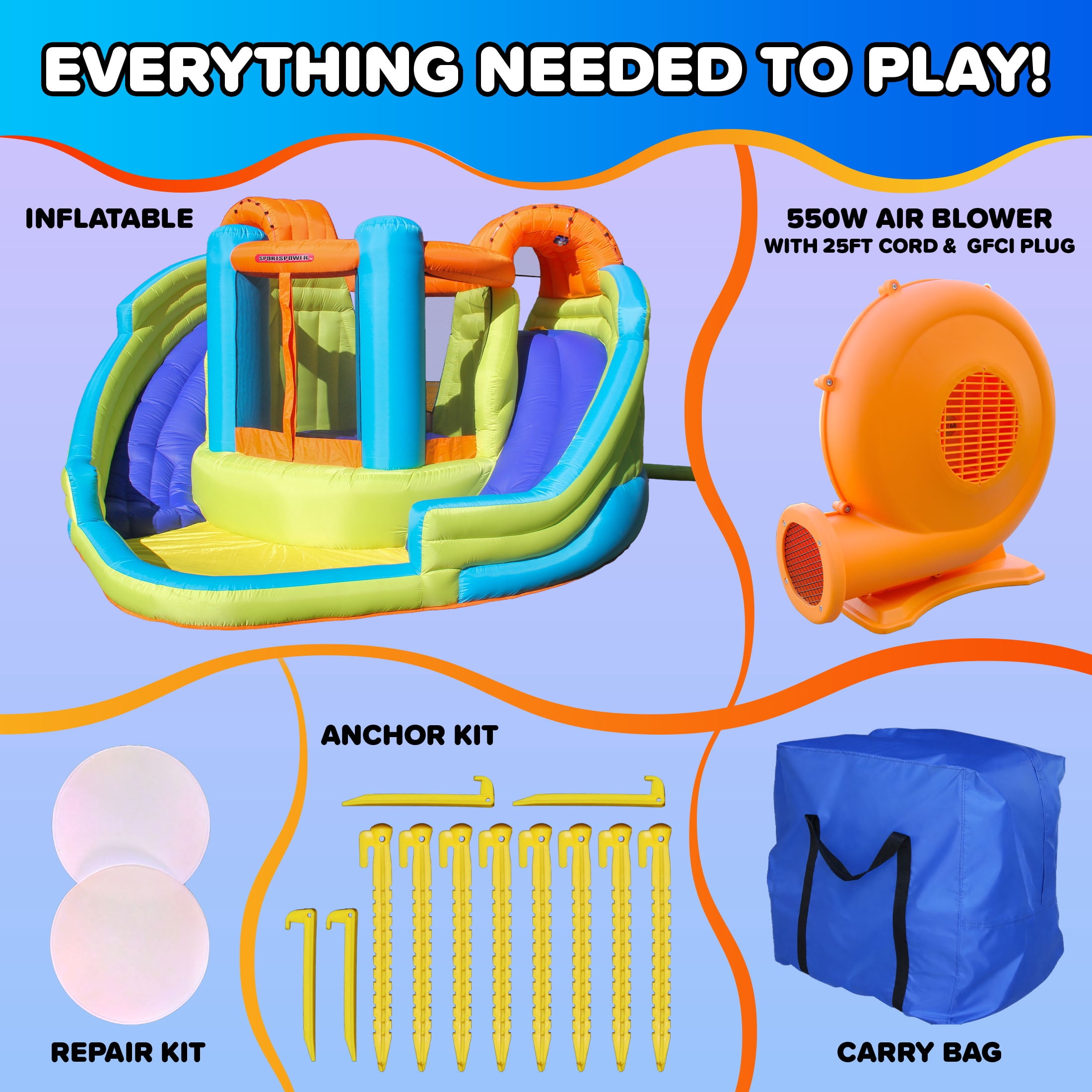 Sportspower Inflatable Water Slide Bounce House with Dual Slides, Splash Pool, Sprinklers, Heavy Duty Blower Included, Outdoor Backyard Water Park for Kids