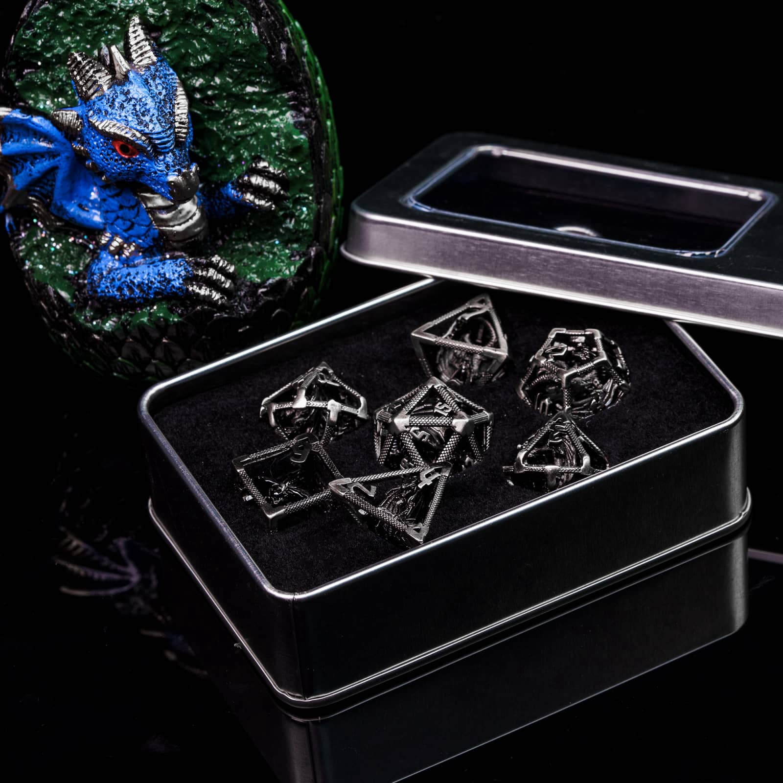 Cusdie Hollow Metal Dice, D&D Dice with Dragon Inside, 7 Pcs DND Dice Set, Polyhedral Dice Set, for Role Playing Game MTG Pathfinder