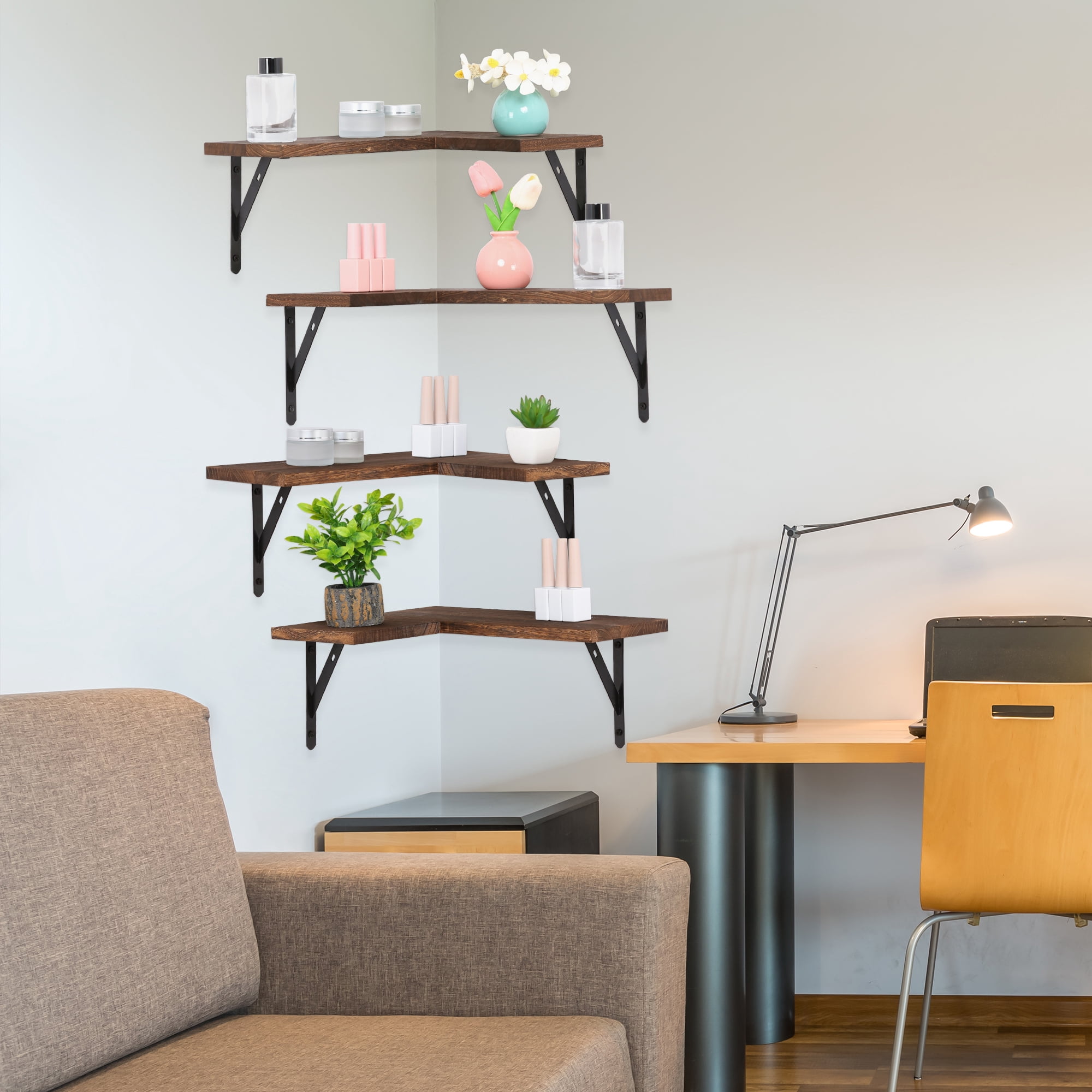 REGALWOVEN Wood Floating Shelves Set of 4, Wall Mounted Shelves for Bathroom and Kitchen Wall Decor Dark Brown 16*11.4in