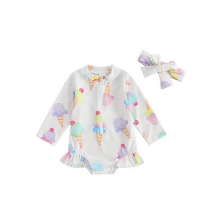 

Infant Girls Swimsuit One Piece Floral Ice Cream Print Zipper Ruffle Newborn Bathing Suit