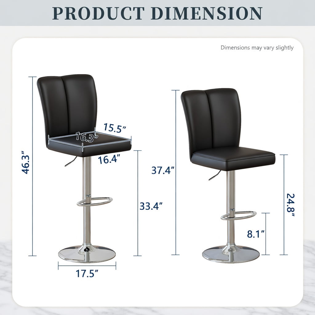 Hommoo 2-Piece Modern PU Leather Bar Stools with Adjustable Height, 360° Swivel & Trumpet Silver Metal Legs, Contemporary Kitchen, Bar & Lounge Seating, Black