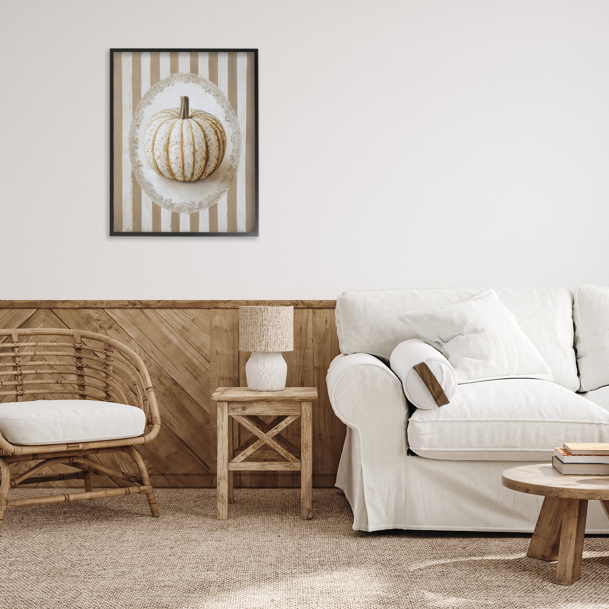 Beige Stripes Pumpkin Black Framed Giclee Art, design by Arlington Prints