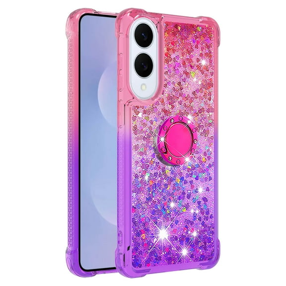 Phone Case for Samsung Galaxy S25 Edge with Ring Kickstand, Cute Glitter Bling Sparkle Quicksand Flowing Liquid Clear Gel Silicone ShockProof Phone Cover Girls-B2