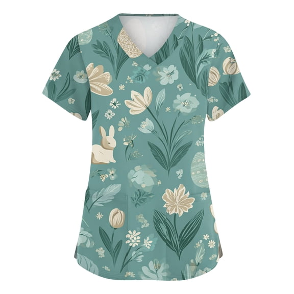 Women’s V Neck Short Sleeve Printed Scrub Top with Floral and Rabbit Pattern for Medical Uniforms Workwear Army Green L