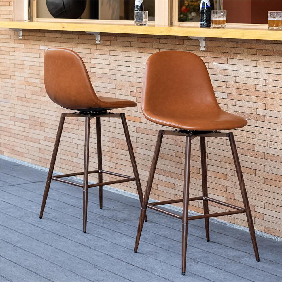 Lot de 2 tabourets de bar pivotants d'extérieur Homy Casa, design moderne du milieu du siècle, sièges rembourrés en cuir synthétique pour jardin et terrasse, cognac