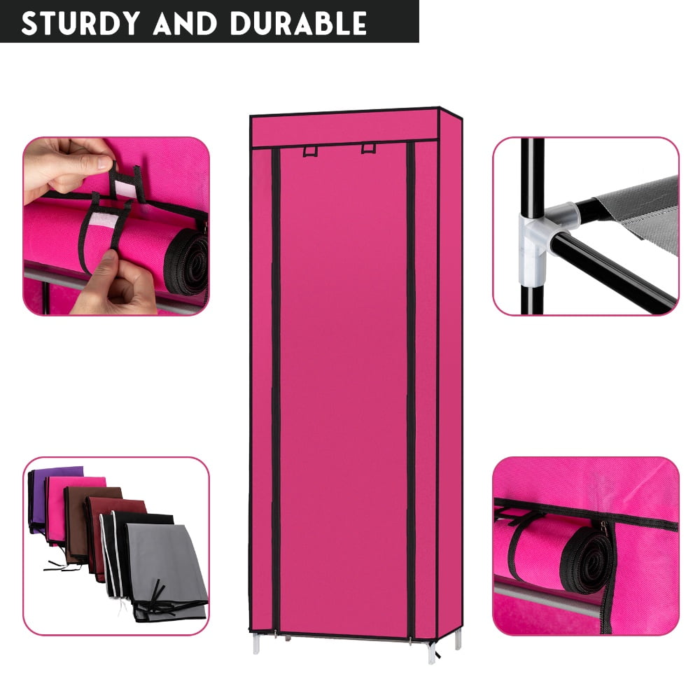 Hassch 10-Tier Shoe Rack with Cover and Side Pockets for Hallway Entryway, Rose Red