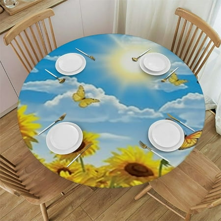 

Tllo0ord Sunflower Indoor Outdoor Patio Round Fitted Polyester Tablecloth Elastic Edge Waterproof Wipeable Polyester Cover Fits Tables up to Yellow Blue 54-58
