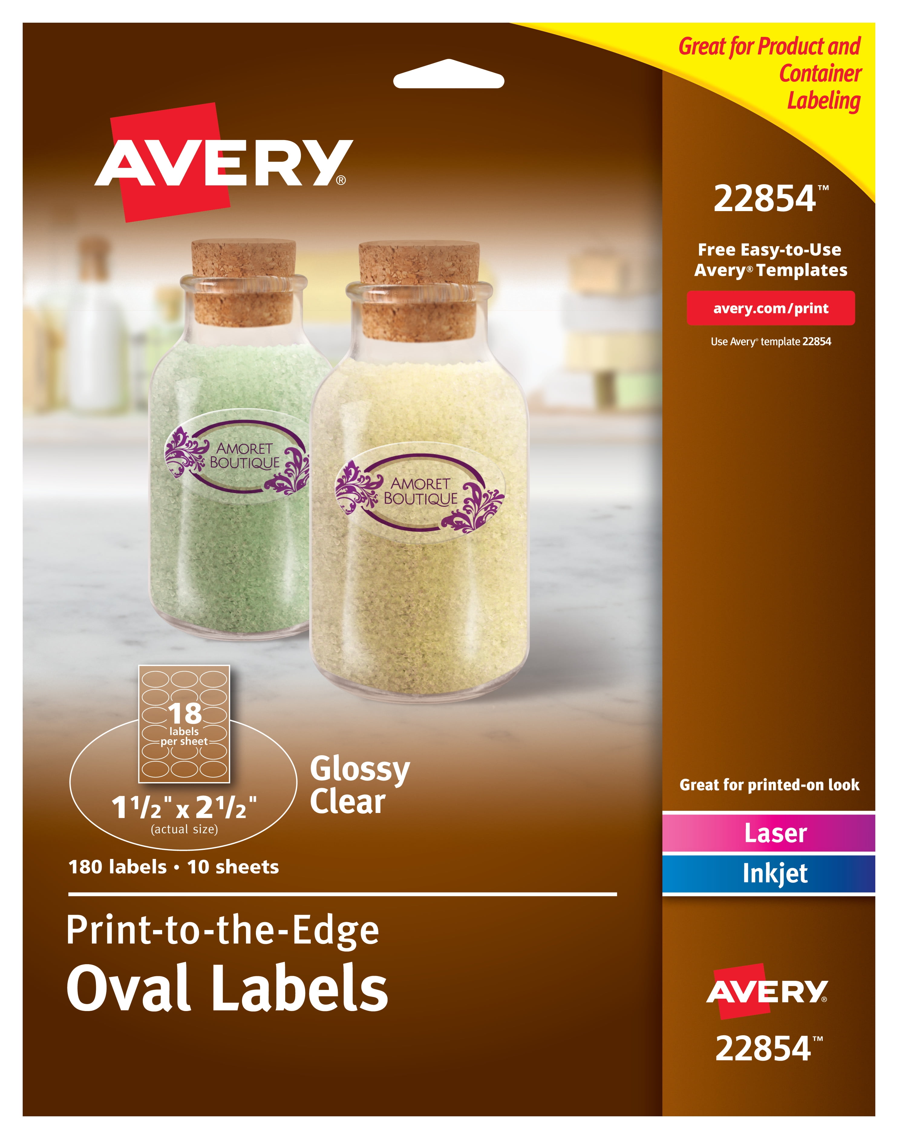 Avery Glossy Clear Oval Labels, Sure Feed Technology, Print to the Edge, Laser/Inkjet, 1-1/2