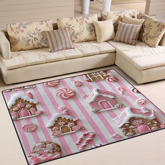Yayeee Area Rugs for Living Room 6.7'x4.8' Non Slip Washable Bedroom Floor Carpet, Pink Gingerbread Houses