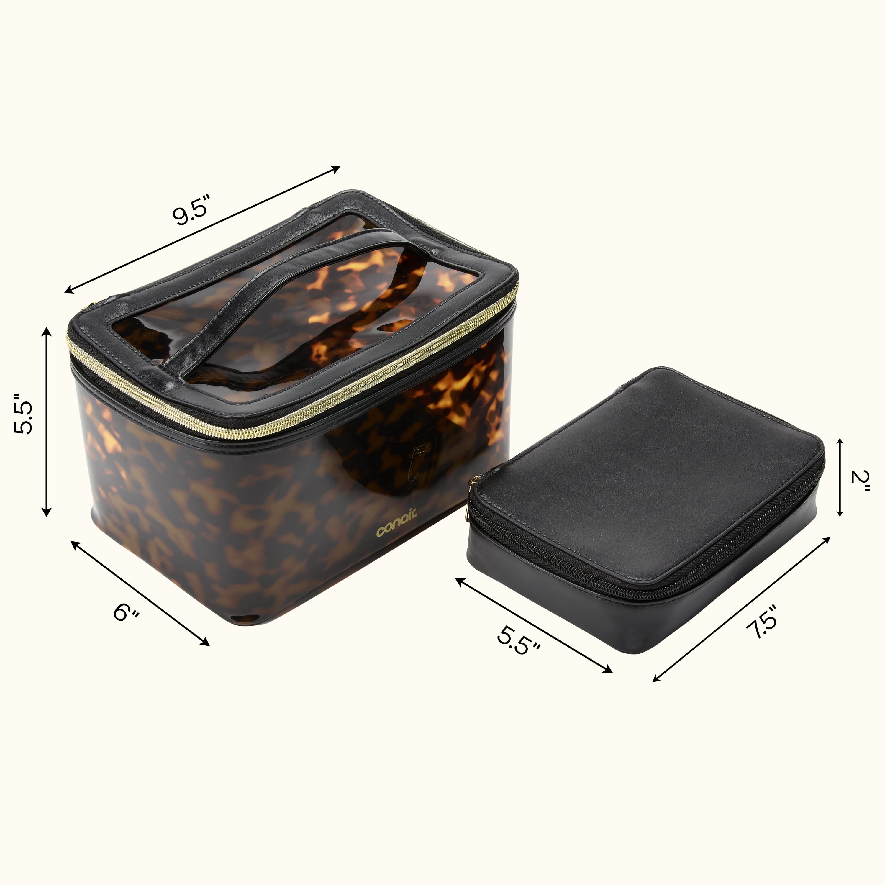 Conair Tortoise Train Case, Travel Makeup Bag with Faux Leather Pouch, 2-Piece Set