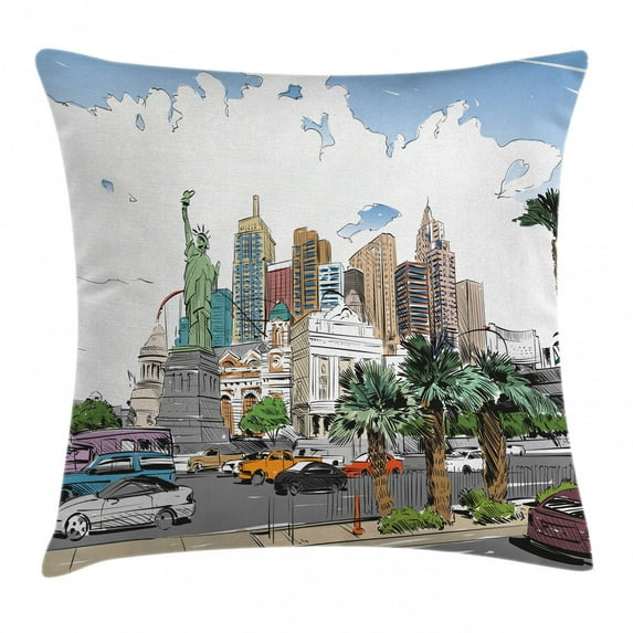 USA Throw Pillow Cushion Cover, Hand Drawn Las Vegas City Nevada Street Sketch Buildings Statue of Liberty Cars Palms, Decorative Square Accent Pillow Case, 16 X 16 Inches, Multicolor, by Ambesonne