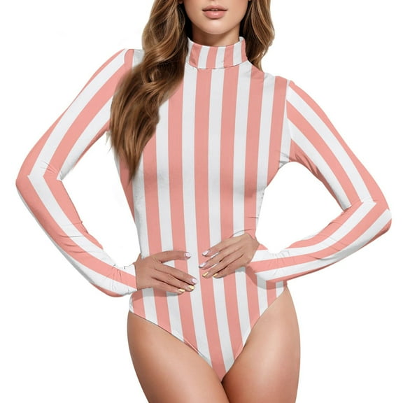 joogoo Pink and White Stripes Women's Mock Turtle Neck Long Sleeve Bodysuit L
