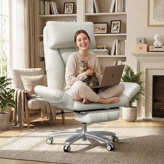 iooHug Criss Cross Office Chair, Big and Tall 500lbs High Back Faux Leather Desk Chair with Footrest, Wide Seat Cross-Legged Reclining Chair with Reversible Armrests and Lumbar Support, White