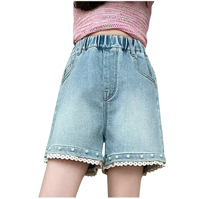 Zpanxa Girls Summer Casual Denim Shorts Elastic High Waist Button Closure Pearl Decor Pocket Lace Ruffle Hem 5 Years