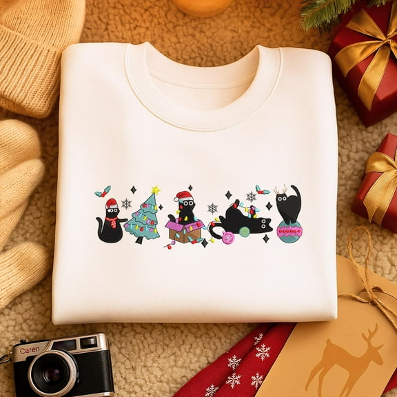Embroidered Christmas Black Cats Sweatshirt, Happy Cat Year Shirt, Cat Mom Sweater, Kitten Christmas Shirt, Cat Lover Christmas Shirt