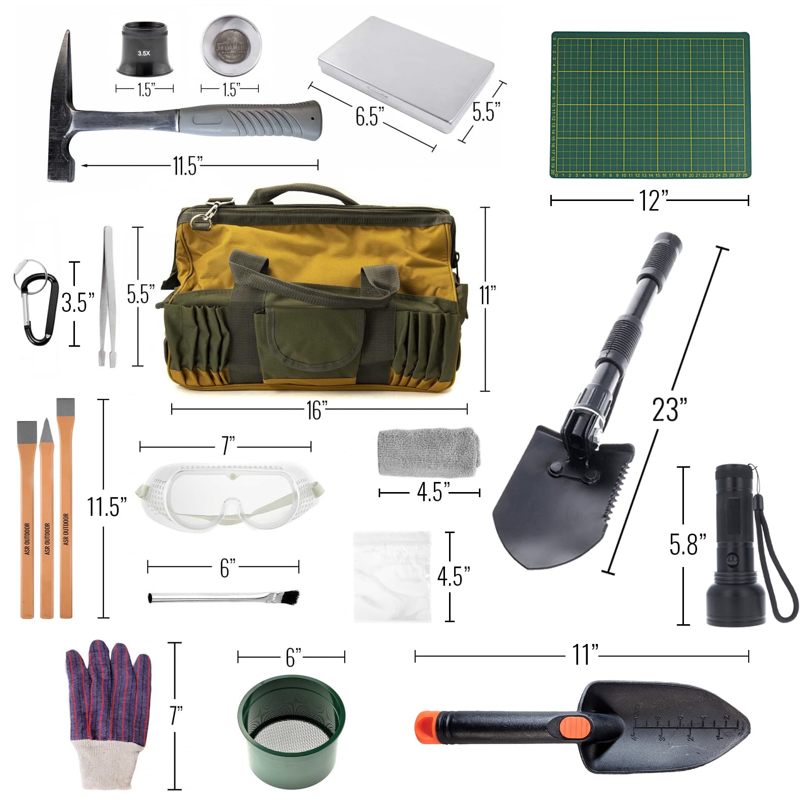 13pc ASR Outdoor Deluxe Geology Gem Mining Rockhounding Tools Kit