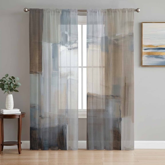 Blue Grey Art Sheer Curtains 96 Inch Length 2 Panels Set, Vintage Painting Abstract Retro Art Voile Window Treatment Semi Sheer Long Curtains Drapes for Bedroom/Living Room/Kitchen 52"x96"x2