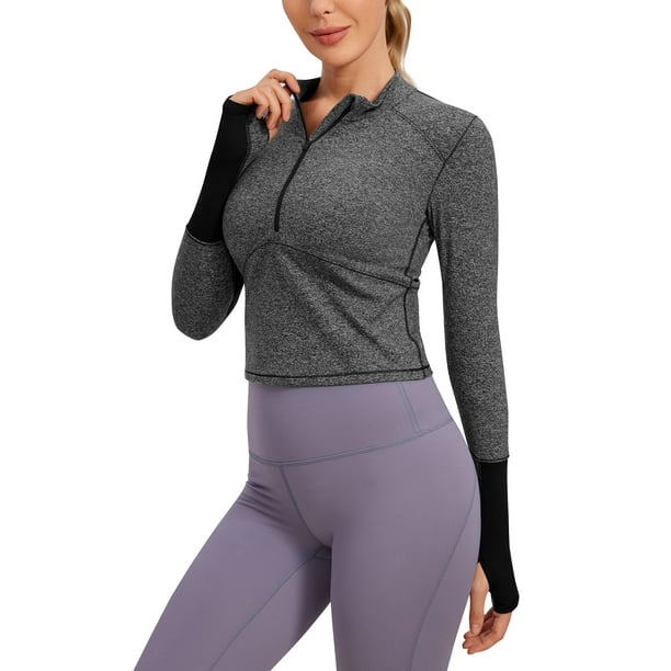 cRZ YOgA Womens Long Sleeve crop Top Quick Dry cropped Workout Shirts Half  Zip Pullover Running Athletic Shirt Heather grey X-Small