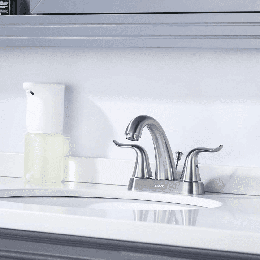 WOWOW 2 Handle 4 Inch Centerset Bathroom Sink Faucet in Brushed Nickel, Lead-Free Basin Mixer Tap with Lift Rod Drain Stopper