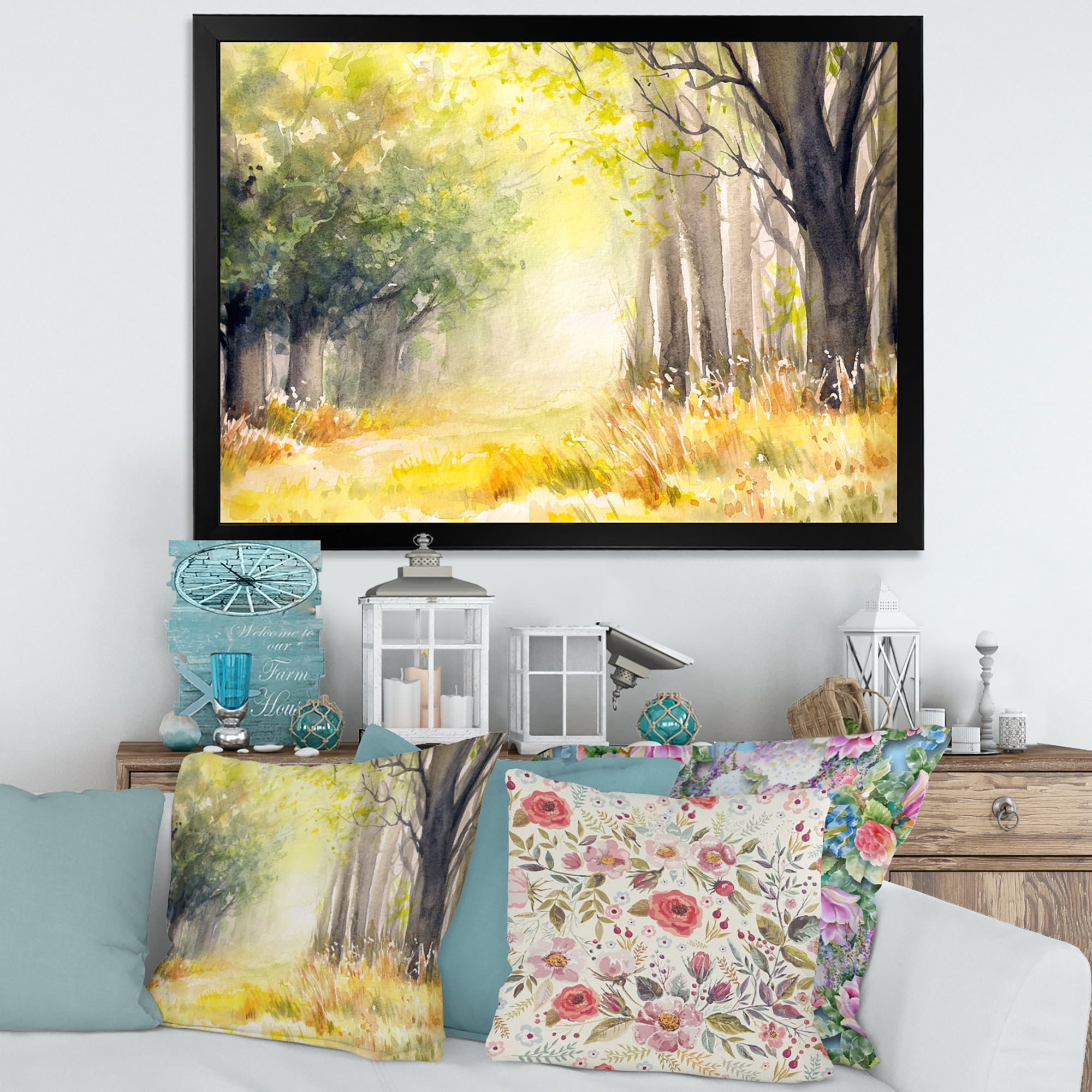 Designart 'Bright Sunshine Through The Yellow Forest Trees III' Traditional Framed Art Print
