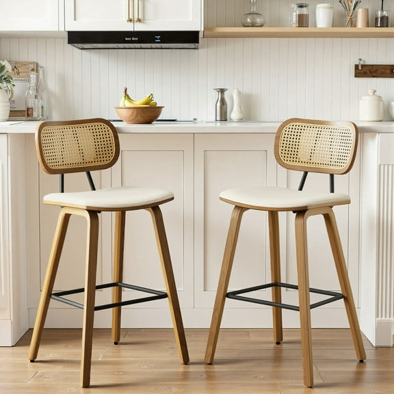 WOOW DEPOT 26" Counter Height Bar Stool Set of 2, w/ Rattan Mid Back Upholstered Modern PU Wooden Stool Barstool Chair for Kitchen Island Pub